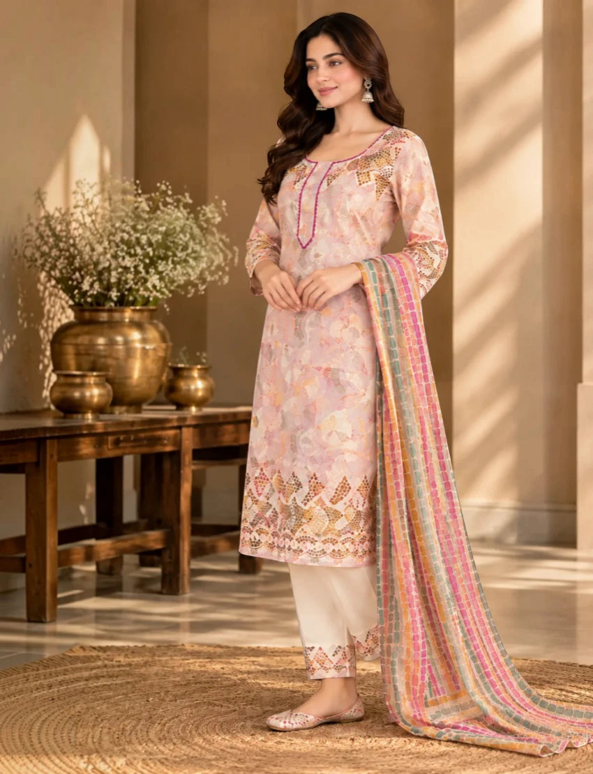 Chikan Pure Cotton Salwar Suit Set, Multi. kota doriya dupatta