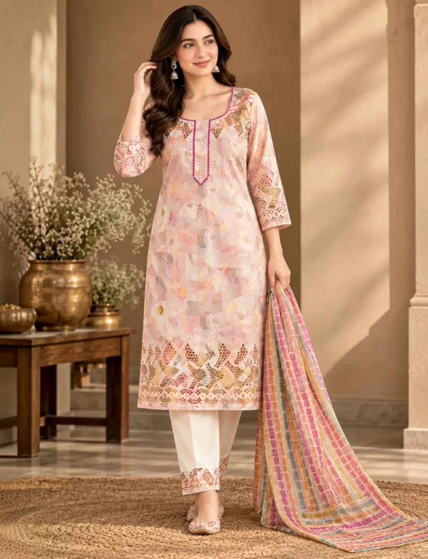 Chikan Pure Cotton Salwar Suit Set, Multi. kota doriya dupatta