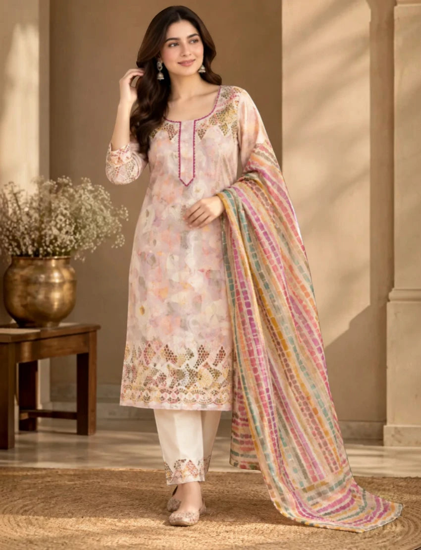 Chikan Pure Cotton Salwar Suit Set, Multi. kota doriya dupatta