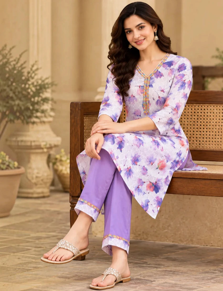 Cotton Embroidered Purple Floral Salwar Kurta Set with Trousers