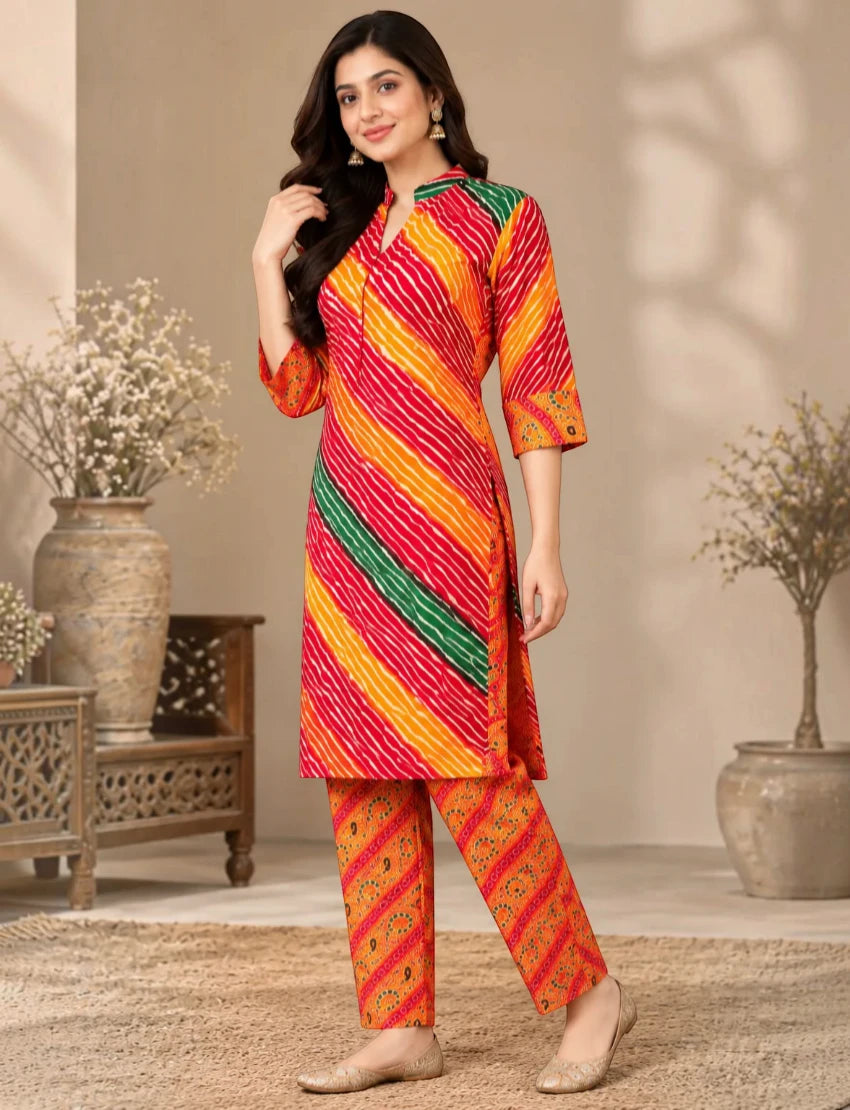 Pure Cotton Leheriya Salwar Suit Set - Orange