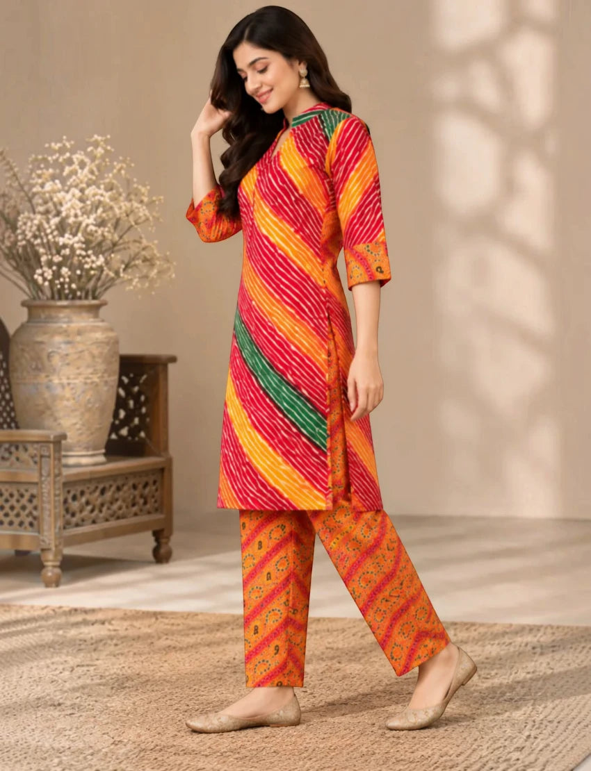 Pure Cotton Leheriya Salwar Suit Set - Orange