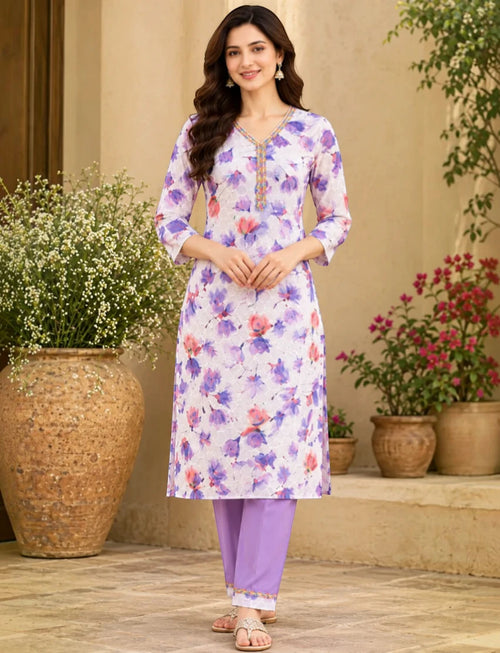 Cotton Embroidered Purple Floral Salwar Kurta Set with Trousers