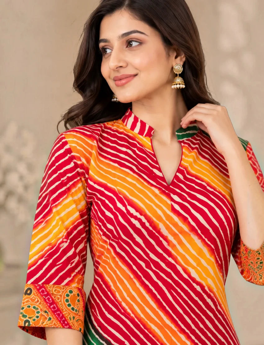 Pure Cotton Leheriya Salwar Suit Set - Orange