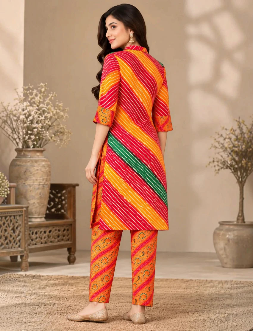 Pure Cotton Leheriya Salwar Suit Set - Orange