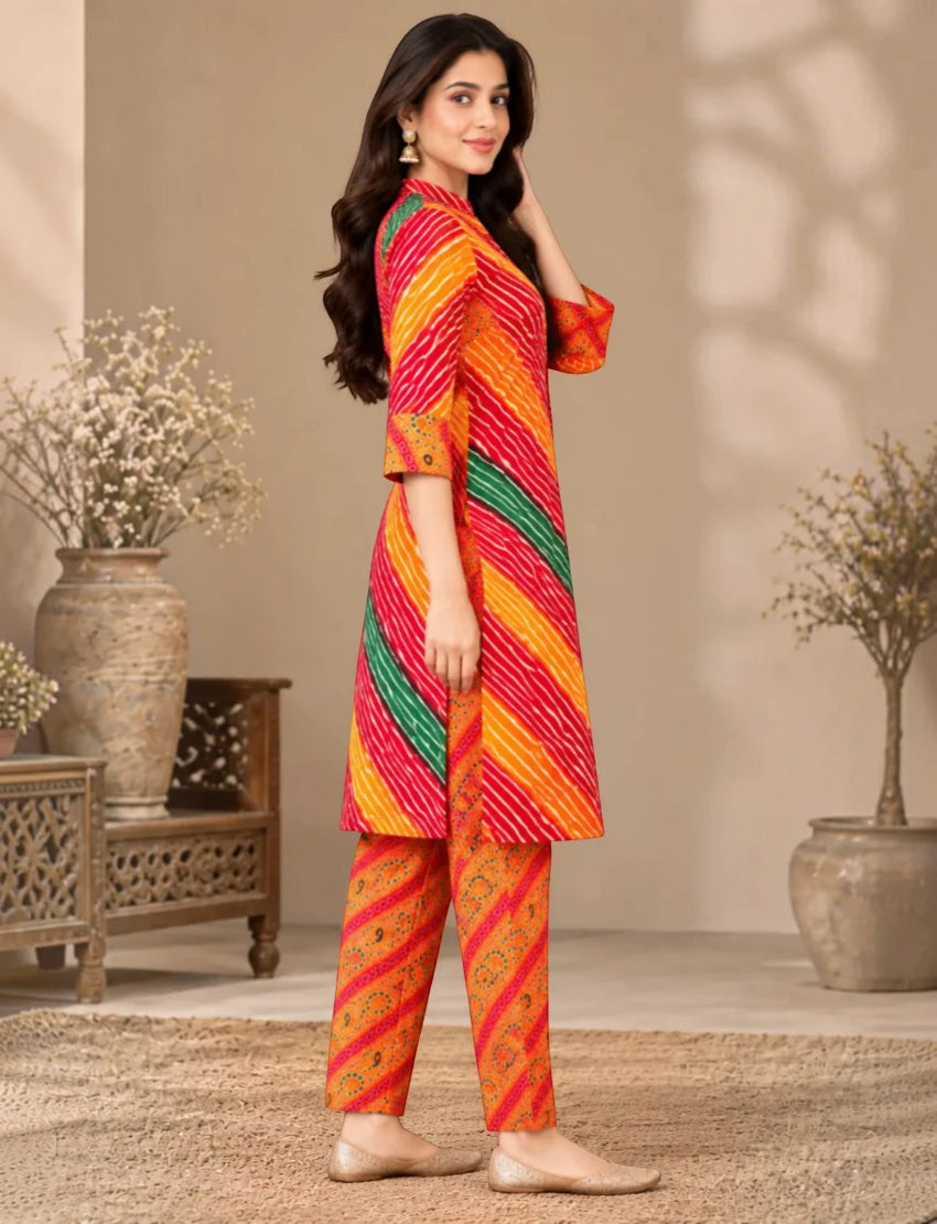 Pure Cotton Leheriya Salwar Suit Set - Orange