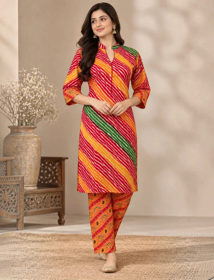 Pure Cotton Leheriya Salwar Suit Set - Orange