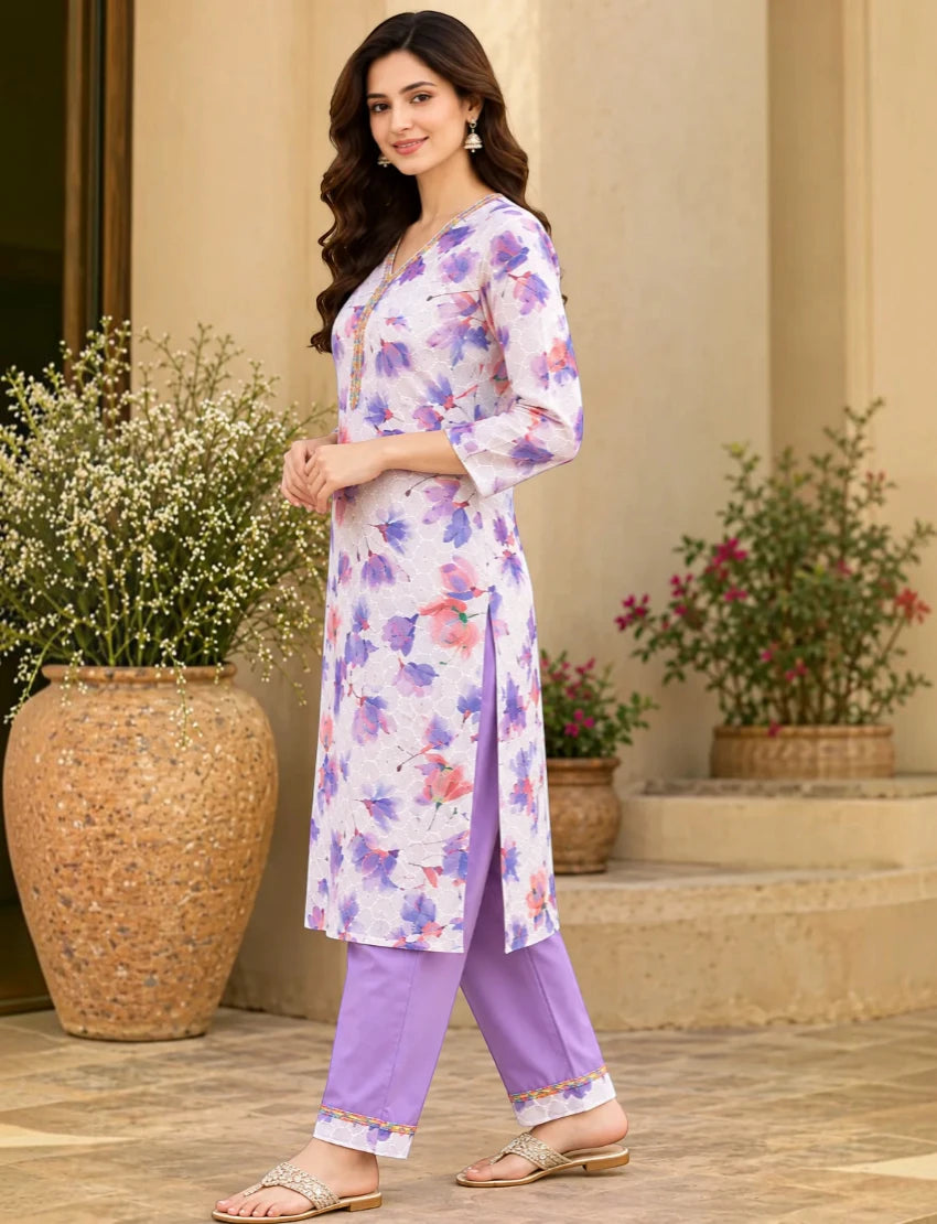 Cotton Embroidered Purple Floral Salwar Kurta Set with Trousers
