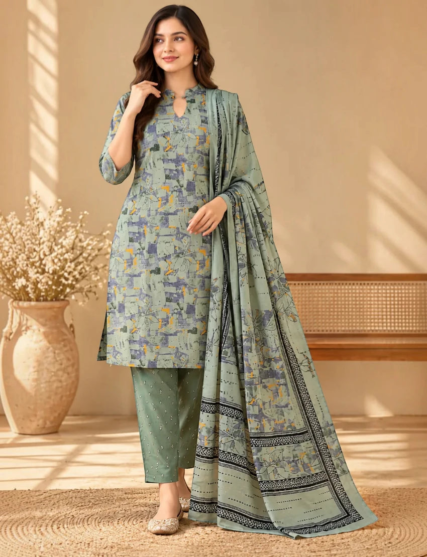 Pure Cotton Printed Salwar Suit Set, Grey
