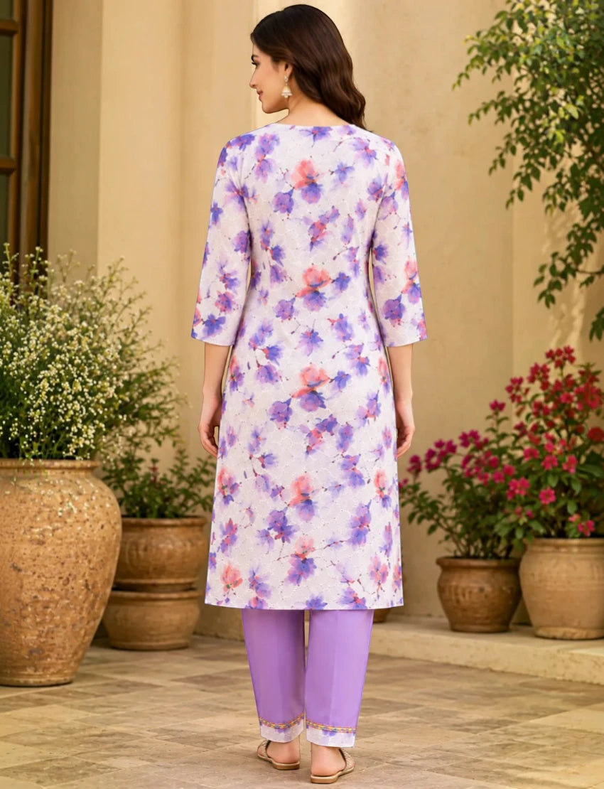 Cotton Embroidered Purple Floral Salwar Kurta Set with Trousers