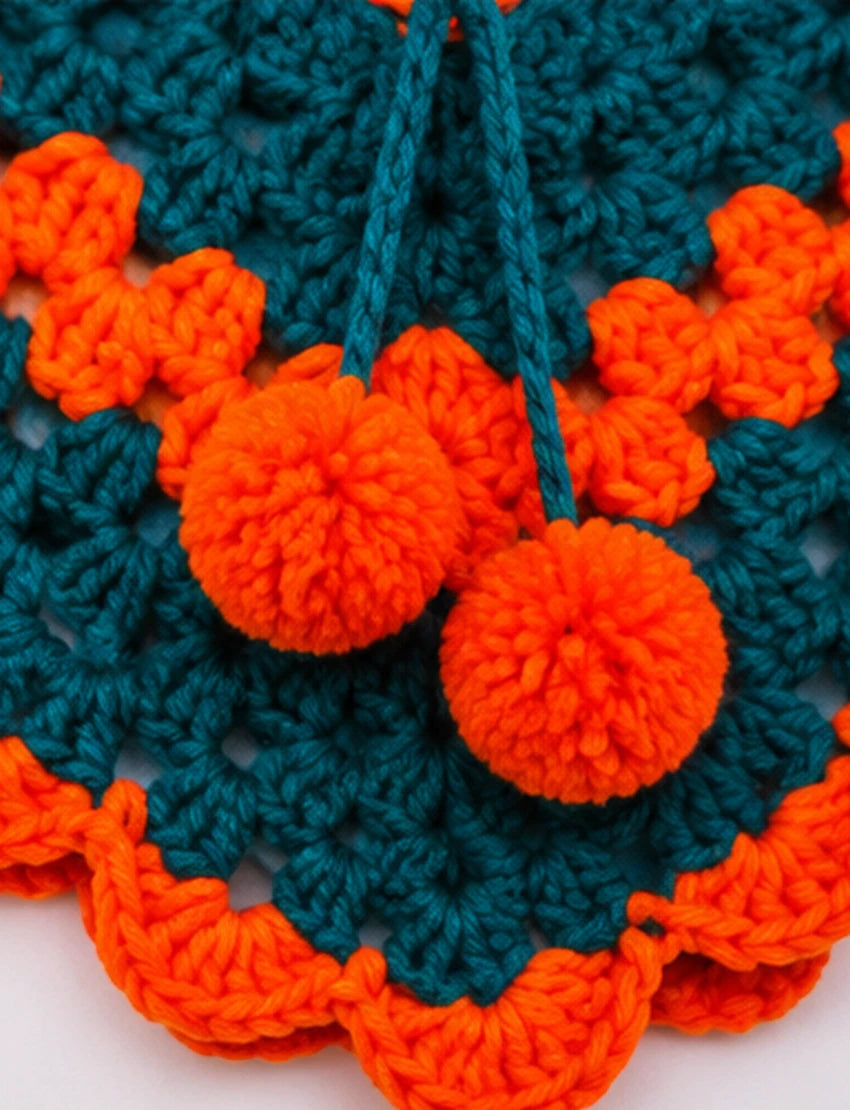 [3-4 Years] Handknitted Woolen Kids Poncho, Teal and Orange