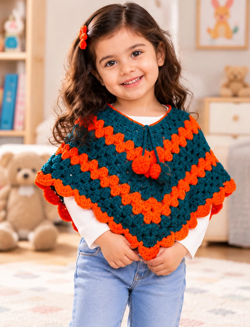 [3-4 Years] Handknitted Woolen Kids Poncho, Teal and Orange