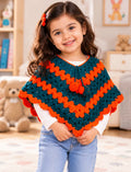 [3-4 Years] Handknitted Woolen Kids Poncho, Teal and Orange