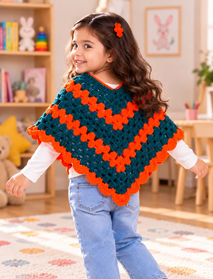 [3-4 Years] Handknitted Woolen Kids Poncho, Teal and Orange