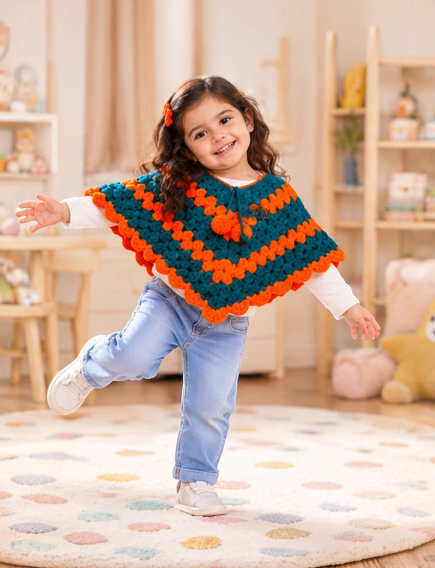 [3-4 Years] Handknitted Woolen Kids Poncho, Teal and Orange